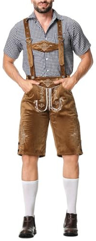 Generisch Lederhose Herren Oktoberfest 2 Teilige Trachtenset Trachtenlederhosen für Herren/Trachten Hose + Trachtenhemd/Kariertes Hemd, Trachtenhose Kurze Lederhosen Oktoberfest Outfit