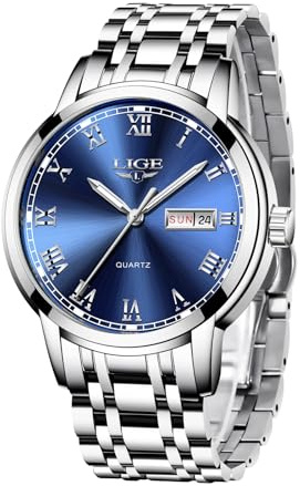 LIGE Montre Homme Luxe 3ATM Etanche Chronographe Analogique Quartz Lumineuses Date Bleu Cadran Classique Mode Affaires Élégant Acier Inoxydable Montres Cadeau pour Hommes, Argenté Bracelet Montre