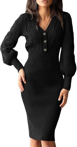 Cicy Bell Damen Strickkleid V-Ausschnitt Kleid Pulloverkleid | Knielang,mit Knopf,Dress,Sexy,Langarm,Kleider,Winter,Midikleid