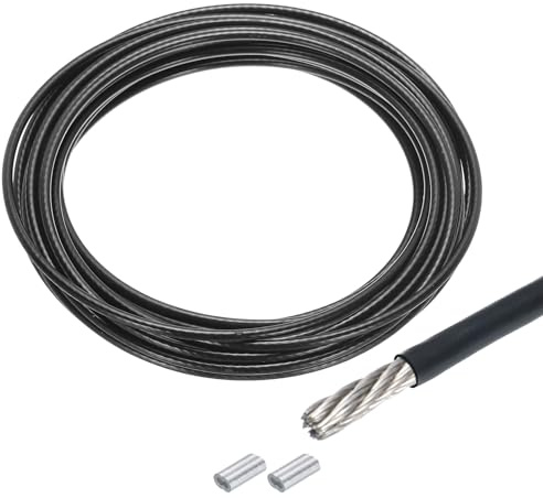 QUARKZMAN 10m Cable Inoxidable 304 4mm OD con Aluminio Mangas 2pcs Negro | de Acero Kit de Cuerda de Alambre Doble Orificio PVC Recubierto para Cuerda Tendedero, Suspensión, Planta