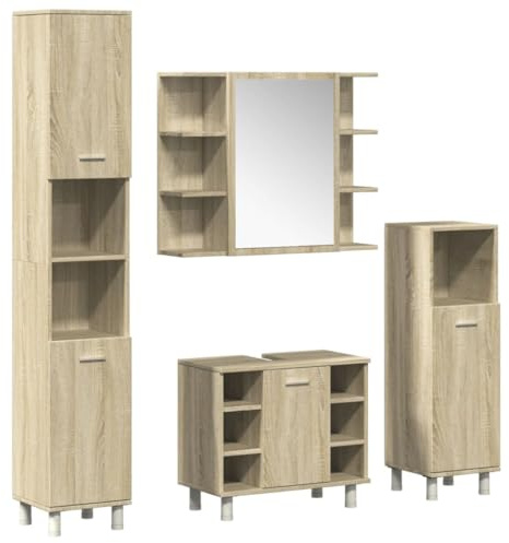 vidaXL Badmöbel Set 4-TLG., Badschrank mit Stauraum, Waschbeckenunterschrank für Badezimmer, Hochschrank Badezimmermöbel, Sonoma-Eiche Holzwerkstoff