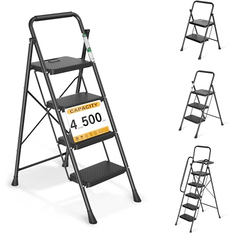 4 Step Ladder, Folding Step Stool with Wide Anti-Slip Pedals, 500lbs Sturdy Steel Ladder with Handrail, Space-Saving, Portable for Home & Adults, Black