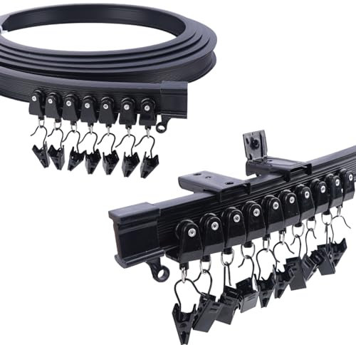 Curtain Rail Tracks, 3M/10 FT Bendable Ceiling Curtain Track & Flexible Wall Mounted Black Curtain Rail and Fittings for Bay Window Room Divider RV Shower Corner with Metal Clips