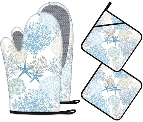 Coastal Oven Mitts and Pot Holders Sets of 4 Nautical Kitchen Decor Starfish Seashell Beach Ocean Themed Kitchen Mitts Potholders Silicone Heat Resistant Oven Gloves Hot Pads for Baking BBQ Grilling