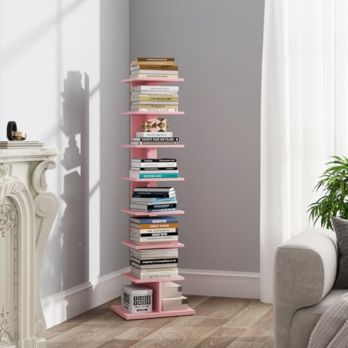TUTOTAK Bücherregal, 8-stöckiges Bücherregal, schmales Bücherregal für kleine Räume, Eck-Standregal für Wohnzimmer, Büro, Arbeitszimmer, Eingangsbereich, Rosa BS06BP008