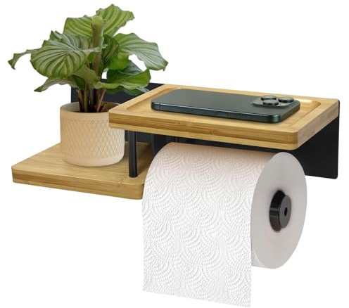 Toilettenpapierhalter ohne Bohren Klopapierhalter mit Ablage Bambus Wc Halter Klopapierhalter Toilet Paper Holder Klorollenhalter Papierhalter für Badzimmer Toiletten Selbstklebend oder Bohren