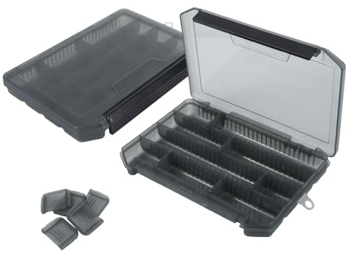 2 Stück Köderbox Angeln, Tackle Box Angelkoffer aus Kunststoff Angelbox Tackle Box Angeln Angeltasche für Angelköder, Angelblei, Angel Koffer mit 10 Verstellbaren Trennwänden, Ködertasche Schwarz