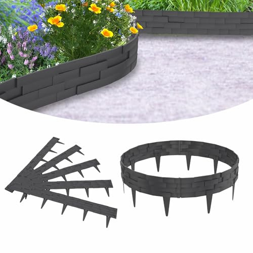 VANCHEMO 20m Rasenkante Kunststoff, Beetumrandung Steinbricksimulationsstil, Gartenpalisade Beeteinfassung, 20 Module, UV-beständig Beetzaun, Mähkante Beetbegrenzung Vielseitig Einsetzbar, Anthrazit