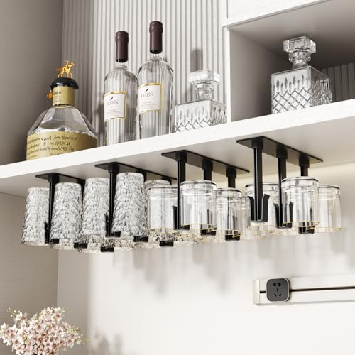 Vaisoeny Porta calici sottopensile, 4 confezioni di portabicchieri senza foratura, installazione portabicchieri da vino sotto armadio per sala da pranzo, cucina e bar (Nero)