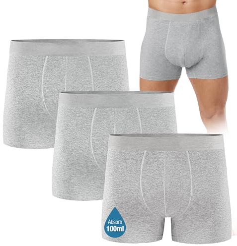 FORVEVO Calzoncillos Incontinencia Hombre,Algodon Boxer Calzoncillos Hombre Lavables con Almohadillas Protectoras Absorbentes de 100ml,a Prueba Fugas,Control Olores Reutilizables(Gris,M)