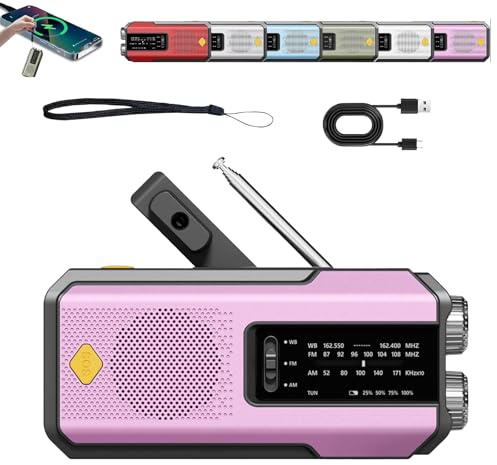 Hand Crank Solar Radio, Multi-Function Battery Powered Radio, NOAA/AM/FM/WB Solar Powered Radioing with Handcrank, 2000mah Handcrank Radios, Emergency Weather Radios with SOS Alarm LED (Pink)