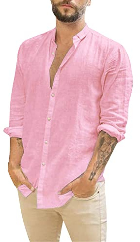 Camisa de Algodón y Lino para Hombre Camisas de Manga Larga Casual Verano Camisa Color Sólido con Botones Camisas Ajuste Regular Ropa de Playa Vacaciones Trabajo