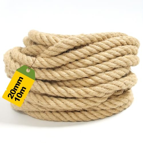 20 mm extra dickes Juteseil, 10 m starkes natürliches Gartenseil für rustikale Dekoration, Treppengeländer, Handwerk und Outdoor-Projekte, langlebige dicke Schnur aus natürlicher Jutefaser