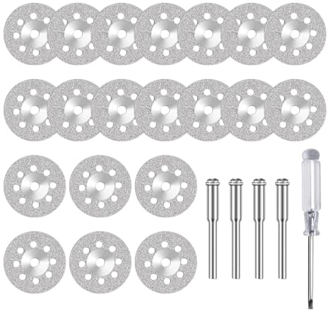 Whispern Cloud 20PCS Diamond Cutting Wheels, 22mm 0.6mm Ultra-Thin Cut Off Discs with 4Pcs 3mm Mandrels & Screwdriver, Rotary Tool Accessories for Glass Stone Ceramic Tile Marble