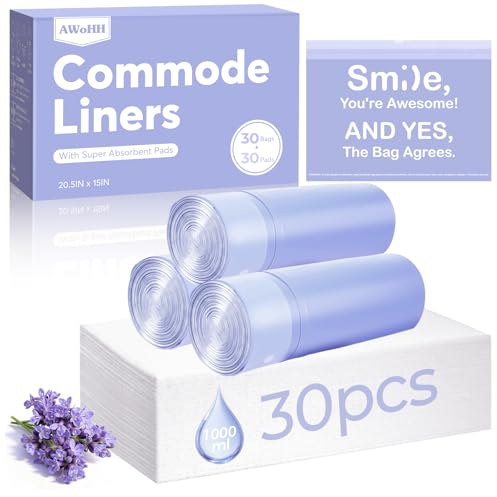 30 Pcs Bedside Commode Liners with Absorbent Pads, Tear-Free Leak-Proof Lavender Scented Commode Bags and Pads, Odor-Free Portable Toilet Liners & Potty Chair Poop Bags for Disposable Adult, Bedpan