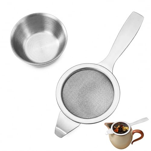 Stainless Steel Tea Filter Tea Strainer Loose Tea with Drip Bowl Stainless Steel Strainer or Loose Tea Leaf Filter Kitchen Tool with Long Handle and Stand Silver