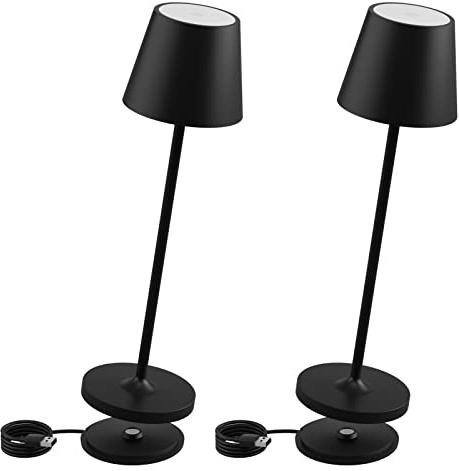 K-Bright 2 pezzi Dimmerabile Lampada da tavolo in alluminio Nero | Ricaricabile Colore luce calda da 3000K Per interni/esterni Lampada da tavolo con base di ricarica a contatto, H38cm