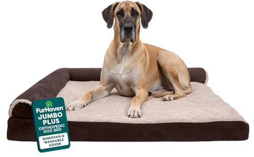 FurHaven Orthopedic Dog Bed for Large Dogs, L-Shaped Chaise Contour Mattress with Solid Orthopedic Foam Slab for Joint Support, Removable Washable Cover, Jumbo Plus XXL, Faux Fur & Suede, Espresso
