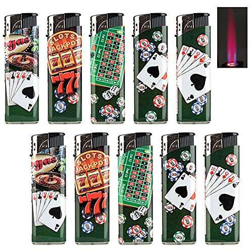 Mechero Sebilo Casino Turbo, Mechero Antiviento, 5 Colores, Carcasa de plástico, Muy fiable/Resistente al Viento, Recargable (Todos, 10 encendedores)