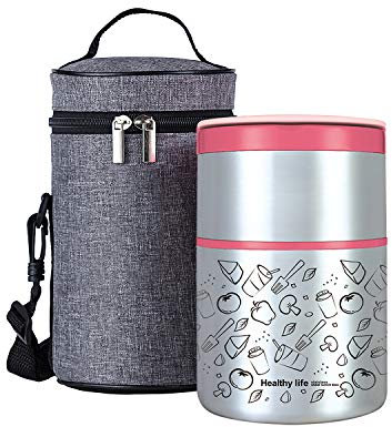 Lille Home Thermos da 950 ml, contenitore termico per pranzo/snack, in acciaio inox, isolamento sottovuoto, impilabile, a 2 ripiani, con borsa per il pranzo (rosa)