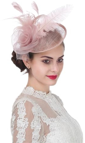 Copricapo fascinator floreale con piume in sinamay, per matrimonio, cocktail, festa di tè e derby e gare, da donna (A4-rosa chiaro)