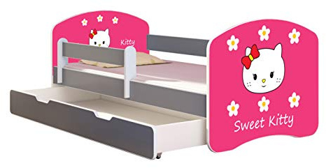 ACMA Kinderbett Jugendbett mit Einer Schublade und Matratze Grau mit Rausfallschutz Lattenrost II Spielbett Kinderzimmer Möbel (16 Sweet Kitty 2, 140x70 + Bettkasten)