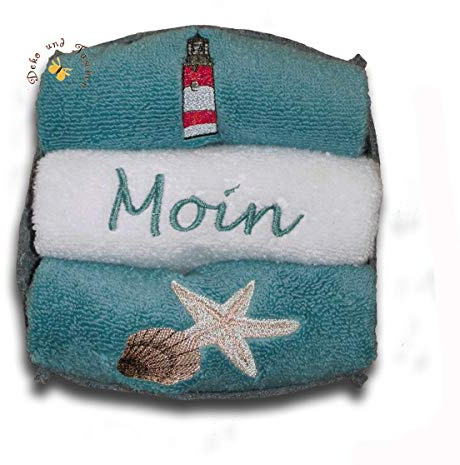 Bestickte Gästehandtücher mit Moin Leuchtturm Seestern-Muschel-Motiv | 3er-Set, mit Monogramm, in einer Filzbox