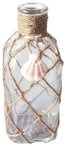 ROCKING GIFTS Jarrón Cristal Decorativo con Cuerda Marrón y Concha Playa Boho 21 cm
