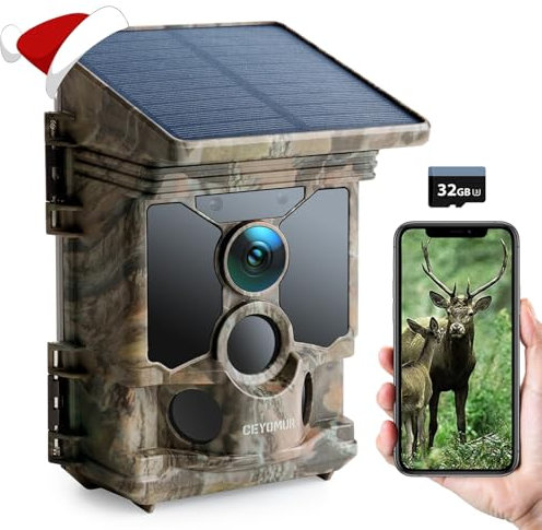 CEYOMUR Solar Wildkamera 4K 30fps, 60MP Wi-Fi 6 Wildkamera mit 120° Erfassungs Winkel Bewegungsmelder Nachtsicht 0,1s Auslösezeit Wiederaufladbare 5200mAh Akku mit 32GB SD-Karte IP66 Wasserdicht