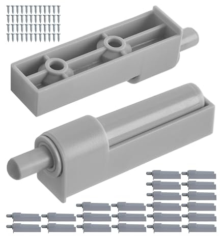 Stoppdämpare med linjär adapter, 24-pack, i grått, möbeldörrsdämpare för eftermontering av mjukstängande skåpdörrar, 53 x 19 x 16 mm hus för dörröppnare, 21 mm hålavstånd, skruvbar dörrdämpare