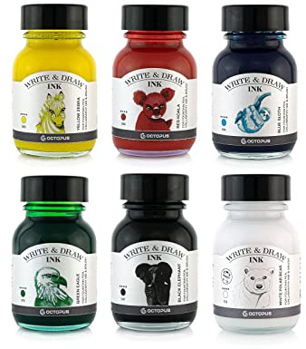Octopus Write & Draw Ink BASIC BRIGHT Tintenset, wasserfest, 6 x 50 ml | Sechs intensive Zeichentuschen für Füllhalter, Feder und Pinsel, lichtecht, vegan, mischbar und übermalbar