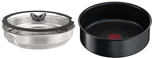 Tefal Ingenio Stainless Steel Steamer with Glass Lid & Ingenio Unlimited, 24cm Saucepan, Stackable, Removable Handle, Space Saving, Non-Stick, Induction, Black, L7633502