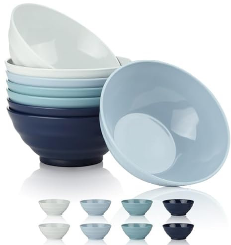 BEWOS Unbreakable Plastic Bowls Set, 8 PCS of 34 OZ Reusable Lightweight Large Bowls, Eco Friendly, Microwave & Dishwasher Safe for Serving Soup, Ramen and Salad, Morandi Color Scheme
