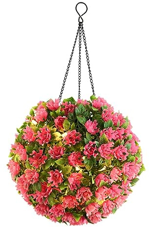 Warmhm Pink Flower Grass Artificial Topiary Ball with Solar LED Light Hanging Garden Patio Wedding Outdoor Decoration Faux Plant Sphere Lamp Iron Globe 42.5x22cm Warm White