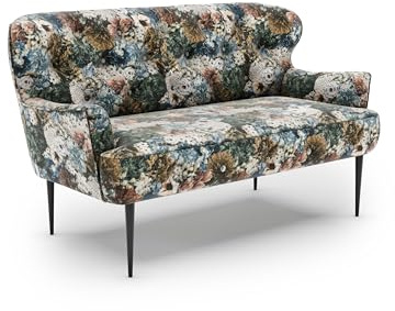 CAVADORE 2-Sitzer Küchensofa Amba, Trendige Sitzbank für Küche oder Esszimmer / 153 x 97 x 87 / Jacquard Flachgewebe: Blumenmuster Blau