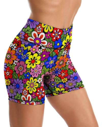 Retro 80S 90S Flower Yoga Shorts for Women High Waisted Biker Shorts Gym Athletic Running Workout Yoga Pants M