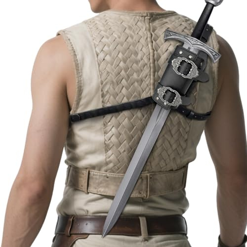 HiiFeuer Medieval Faux Leather Back Sword Frog, Vintage Adjustable Sword Holster, Middle Ages Back Sword Sheath Holster (Black B)