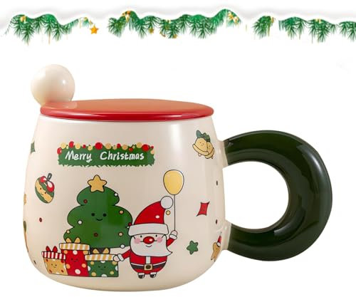 Vidillo Natale Tazze e tazzine da caffè 500ml Xmas tazza regalo in ceramica con coperchio durevole tazza di tè tazza di latte tazza di caffè per le donne moglie mamma sua nonna ragazza (Verde)
