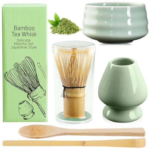 BAIFULAI Juego de 5 Matcha, juego de té matcha, juego de batidores Matcha, cuenco de cerámica, cucharilla, soporte para batidor, accesorio japonés para ceremonia matcha (verde)