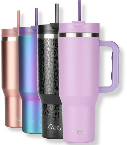 Milu Tazza termica a doppia parete 1200ml con cannuccia e manico, 24h ghiacciato / 12h caldo Tumbler 40oz in acciaio inox con manico, bottiglia isolante da portare con sé (Lilac, 1200ml)