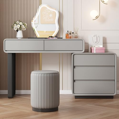 Ernqi Schminktisch mit LED-beleuchtetem Spiegel, Aufbewahrungsschrank Links und rechts austauschbar und einziehbar, Schminkhocker, perfekt für Schlafzimmer und kleine Räume (Gray,C_31.5IN)