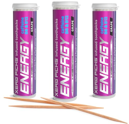 Xero Picks Palillos de dientes con sabor a infusión de energía con cafeína, B12 y B6 (uva, paquete de 3)