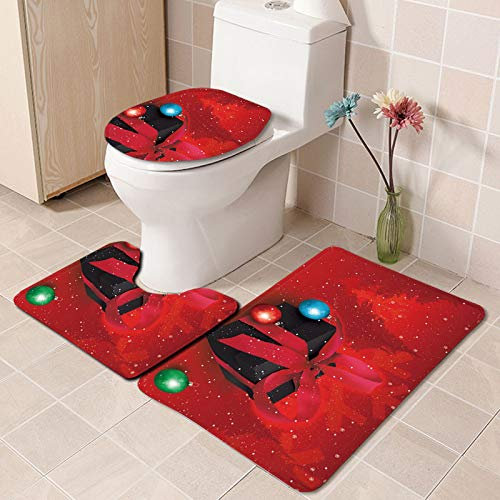 Bad Teppiche Set Weihnachten Rot Schwarz Badezimmerteppich Waschbar WC Vorleger mit Ausschnitt und WC Deckelbezug 3 Teilig Badematte rutschfest Toilettensitzbezug Badgarnitur 45x75 cm