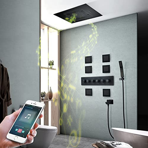 sjdoPulse Music Led Shower System Black, Bathroom Led Ceiling Waterfall Rainfall Shower Head With Hand Shower Spa Body Jet, Thermostatic Shower Faucet Set,Phone Control,Phone Control