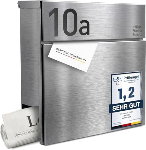 Radius Designer Briefkasten personalisiert – Letterman 6 mit Lasergravur – Edelstahl V2A Wandbriefkasten mit Zeitungsfach - 10 Jahre Funktions- & Korrosionsgarantie - inkl. Montageset