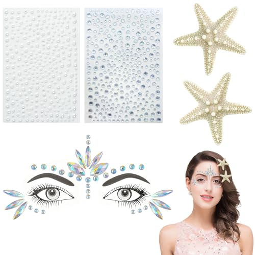 5 PCS Seestern Haarspange + Meerjungfrau Glitzersteine Gesicht + Diamant Aufkleber + Perlen Aufklebern Set, Meerjungfrau Accessoires Mädchen Damen für Halloween Karneval Thema Party Cosplay