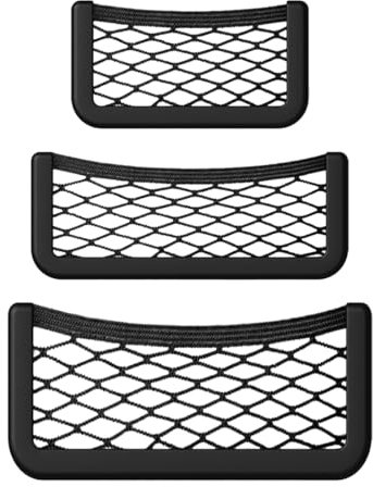 SGERUFZ 3 Pièces Filet de Rangement Auto Elastique Autocollant pour Coffre Organisateur de Voiture pour Téléphones Mobiles Permis de Conduire Petits Objets (3 Tailles)