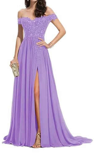 ZCXCsfp Robe de soirée longue en mousseline de soie avec col en V et épaules dénudées pour femme, lilas, 50