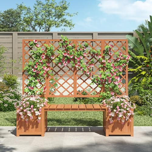 Pots de Fleurs, Jardinière avec Treillis et siège, Jardinière Balcon pour Plantes grimpantes Jardin, Marron 169x145x42cm