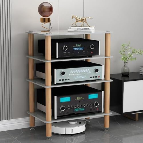 Generisch 3/4-stufiger HiFi-Medien-Aufbewahrungsschrank, stoßdämpfendes Audio-Rack mit Regalen aus gehärtetem Glas und Beinen aus Massivholz (Größe: 4-stufig, Farbe: Weiß)